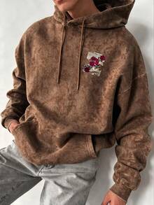 Men's Faux Washed Distressed Rose & Newspaper Print Hoodie, Loose Casual Pullover Sweatshirt - Brown - View 4