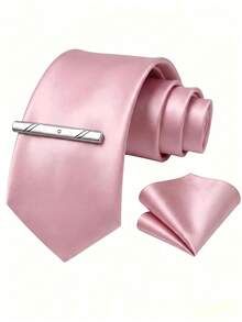 1 Set Men's 8cm Satin Tie, Pocket Square And Tie Clip Set, Suitable For Business Meetings, Wedding Parties, Groom Tie Set - Dusty Pink - View 2