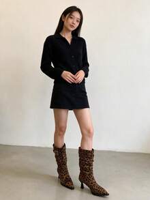 女款大尺碼復古尖頭細高跟時尚中筒靴，帶扣飾抓皺設計 - 豹紋 - 查看 2