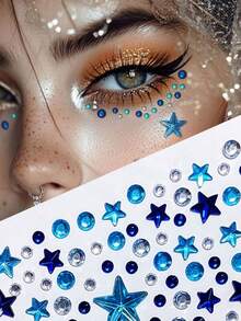 Blue Glitter Star Face Rhinestone Stickers, Y2K Punk Style Crystal Star & Bead Gem Stickers For Eyes, Nose, Lips, Ears Makeup Decor, Festival Party - Multicolor - View 3