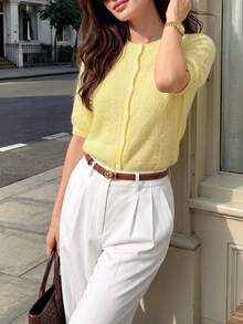 DONICY Women's Light Yellow Crew Neck Short Sleeve Button Knit Sweater Cardigan, Elegant Outfit For Spring Summer Casual Tops - Yellow - View 8
