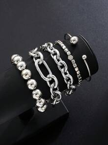 Set Of 5 Elegant, Bohemian-Style Holiday Bracelets For Women Featuring CCB Starfish, Shells, And Beads; Elastic Bangles Suitable For Daily Wear And Beach Vacations; Stackable; Great Gift Idea. - Silver - View 2