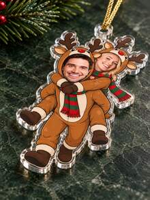 1pc Custom Photo Reindeer Couple Christmas Ornament, Personalized Face Tree Hanging Decoration, Playful Piggyback Holiday Keepsake, Festive Gift For Partners, Winter Home Decor, Christmas Gift - Brown - View 6