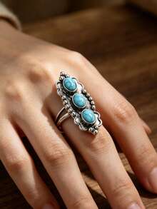 ZHIXUN 1pc Vintage Triple Oval Synthetic Turquoise Declaration Ring Women,Suitable For Daily Wear, Country Concerts, Beaches, And Bohemian Jewelry Gifts - Ring - View 7