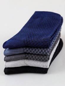 5 Pairs Men's Solid Color Honeycomb Mesh Jacquard Breathable Sweat-Wicking Odor-Resistant Soft Classic Business Mid-Calf Socks, Suitable For Work - Multicolor - View 5