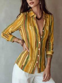Women's Vintage Striped Button Shirt Collar Long Sleeve Top, Regular Fit Polyester Blouse, Creating A Retro Fashion Look - Yellow - View 4