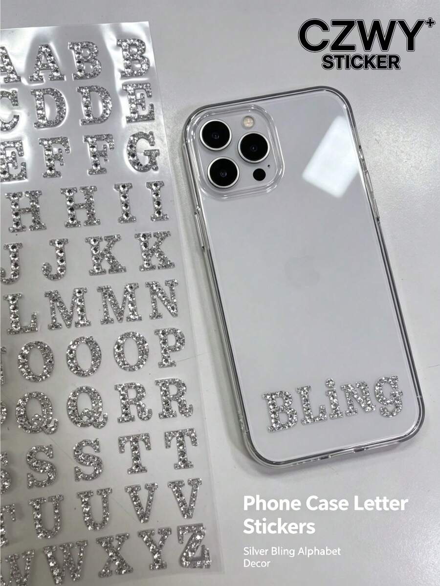 1pc Silver Rhinestone English Letter Decorative Stickers, Colorful English Letter Diamond 3D Stickers, Full Set Of 26 Hollow Rhinestone Letters With Tweezers, Self-Adhesive Backing, Phone Decoration Stickers, Laptop Decoration Stickers, Compatible With Phone Cases, Earphone Boxes, Tablets, Laptops, Headphone Shell Decoration Stickers - Letter Design - View 1