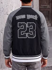 Men's Letter Embroidered Autumn Streetwear Baseball Jacket, Long Sleeve Colorblock Rave Jacket For Street Style, Men's Printed Jacket - Black - View 2