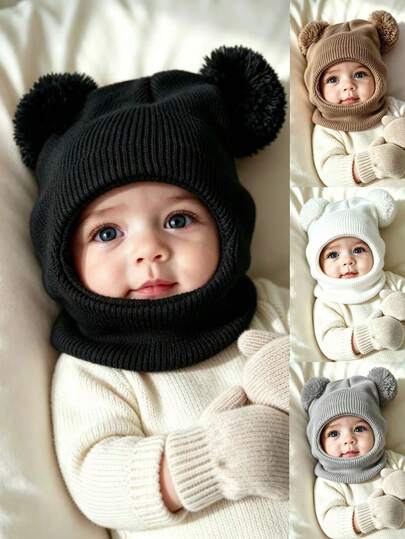 1/2pcs Baby/Toddler Newborn Black Cute Knitted Double Pom Pom Ski Mask Hat, Suitable For Winter, Boys Girls Children Outdoor And Daily Warm Knitted Hat