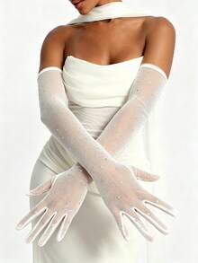 1 Pair Women's Long Arm Sleeves Mesh Rhinestone Gloves, Sheer Sparkling Evening Party Ball Dress Accessory - A - View 9