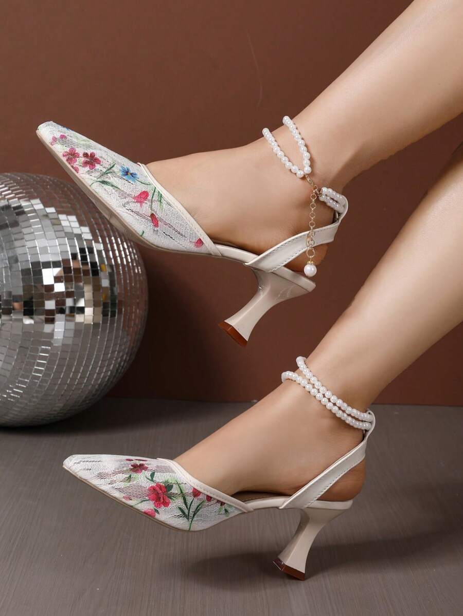 French Style Sheer Mesh Floral Closed Toe Women's Shoes, Pearl Chain Vintage Flared Heel Evening Dress Pumps - Beige - View 1