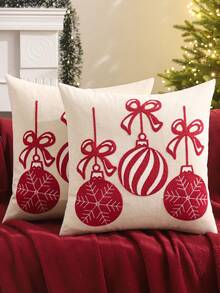 1 buah/2 buah Sarung Bantal Dekoratif Natal Bordir Kanvas Pita Lonceng Sofa Ruang Tamu Kamar Tidur Dekorasi Rumah Pesta Hadiah Liburan - Merah - View 9