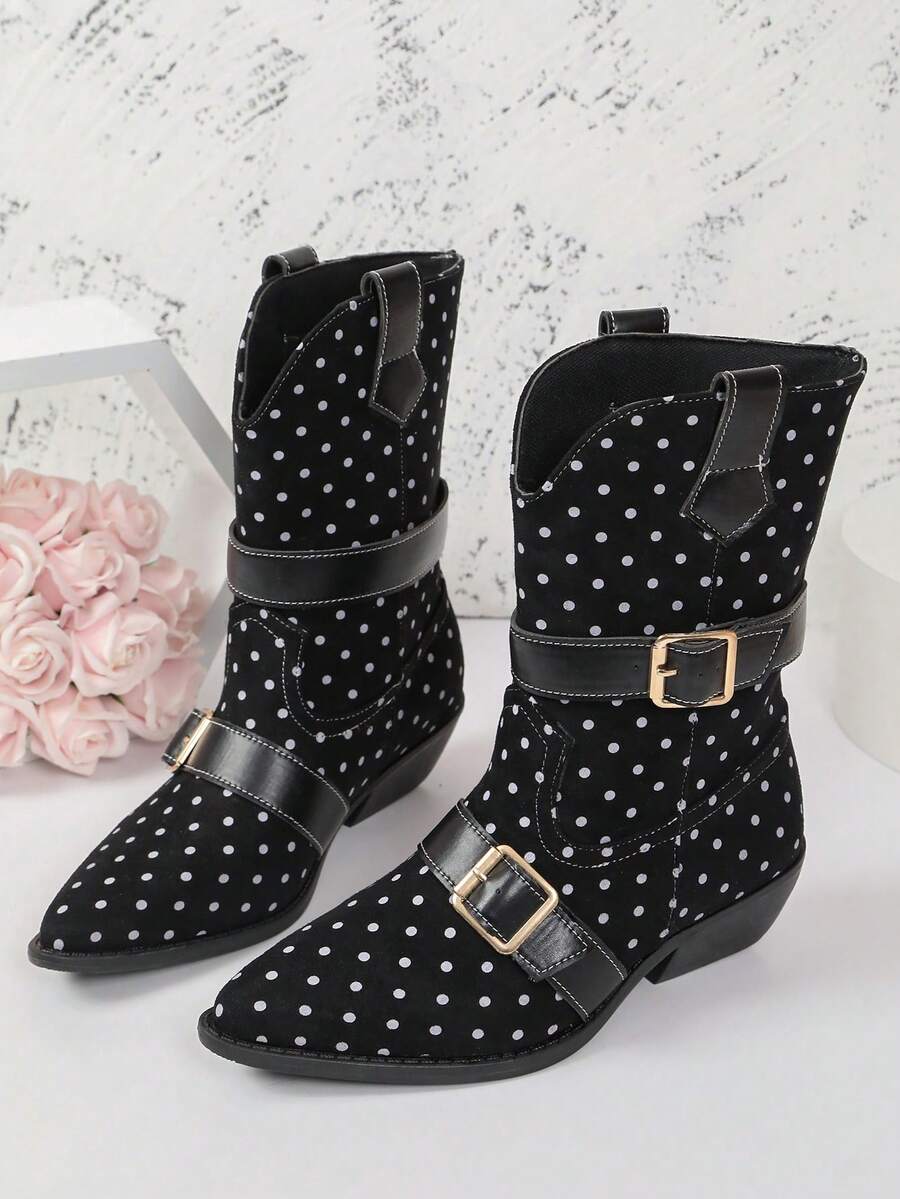 Mid Calf Boots For Women Block Chunky Heel Pointed Toe Fall Short Booties Buckle Strap - Black - View 1