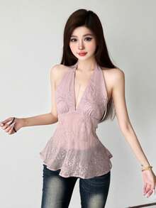 Top Dazzle Women's Semi-Sheer Halter Top With Backless Design And Asymmetrical Hem, Perfect For A Stylish And Alluring Look - Pink - View 4