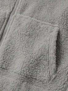 KyrLssu Women Teddy Fleece Cropped Jacket, Stand Collar Full Zip Sherpa Coat, Drop Shoulder Loose Fit With Ribbed Cuffs & Side Pockets, Warm Short Outerwear - Grey - View 7