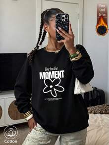 Streetwear Crewneck Sweatshirt With Letter & Floral Print, Warm Fleece-Lined Loose Fit For Autumn Winter - Black - View 4