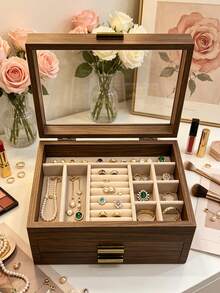 3-Layer Large Capacity Wooden Jewelry Storage Box With Lock, Portable Jewelry Box, Jewelry Storage Box With Drawers For Vanity - Multicolor - View 4