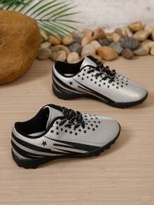 Boys' Star Stripe Studded Soccer Shoes, Lace-Up Non-Slip Children's Sports Field Training Football Shoes - Silver - View 4
