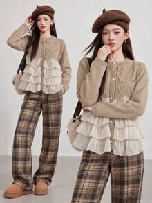 Cardigan Rajut Leher Bulat Wanita, Detail Bunga 3D, Hem Bergelombang Berlapis, Penutup Kancing Depan, Lengan Panjang, Cocok Untuk Musim Gugur/Dingin, Halloween, Natal, Tahun Baru Imlek - Aprikot - View 9