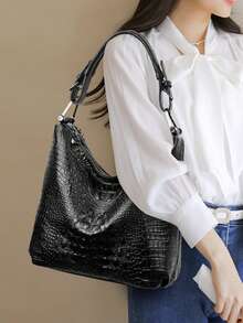 Vintage Crocodile Embossed Bucket Bag With Wide Strap, Fashionable Handbag, Crossbody And Shoulder Bag - Black - View 12