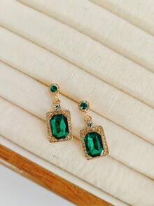 1 Pasang Anting Batu Permata Zamrud Berkilau, Anting Berlian Mewah Kelas Atas - Dark Green - View 3