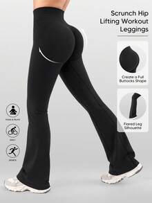 Women's Ribbed Seamless High Waist Flare Yoga Leggings - Black - View 1