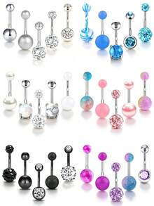 5pcs Short Belly Button Rings Set, Classic Stainless Steel Navel Piercing Rings, Suitable For Women's Daily Wear - 5 Belly Button Rings - View 1