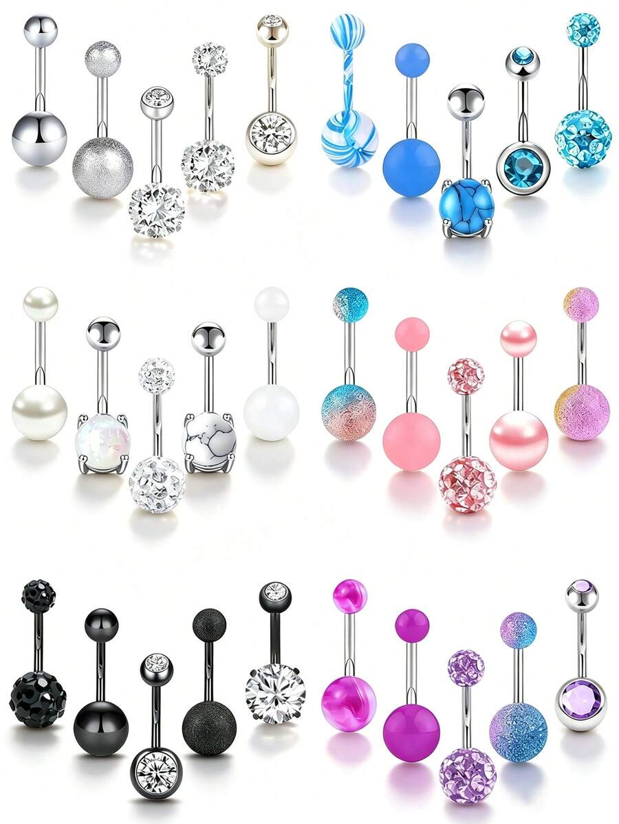 5pcs Short Belly Button Rings Set, Classic Stainless Steel Navel Piercing Rings, Suitable For Women's Daily Wear - 5 Belly Button Rings - View 1