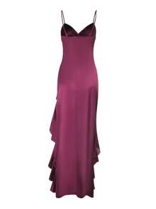 Autumn Solid Color Asymmetrical Satin Spaghetti Strap Dress, Women's Elegant Dress - Burgundy - View 3