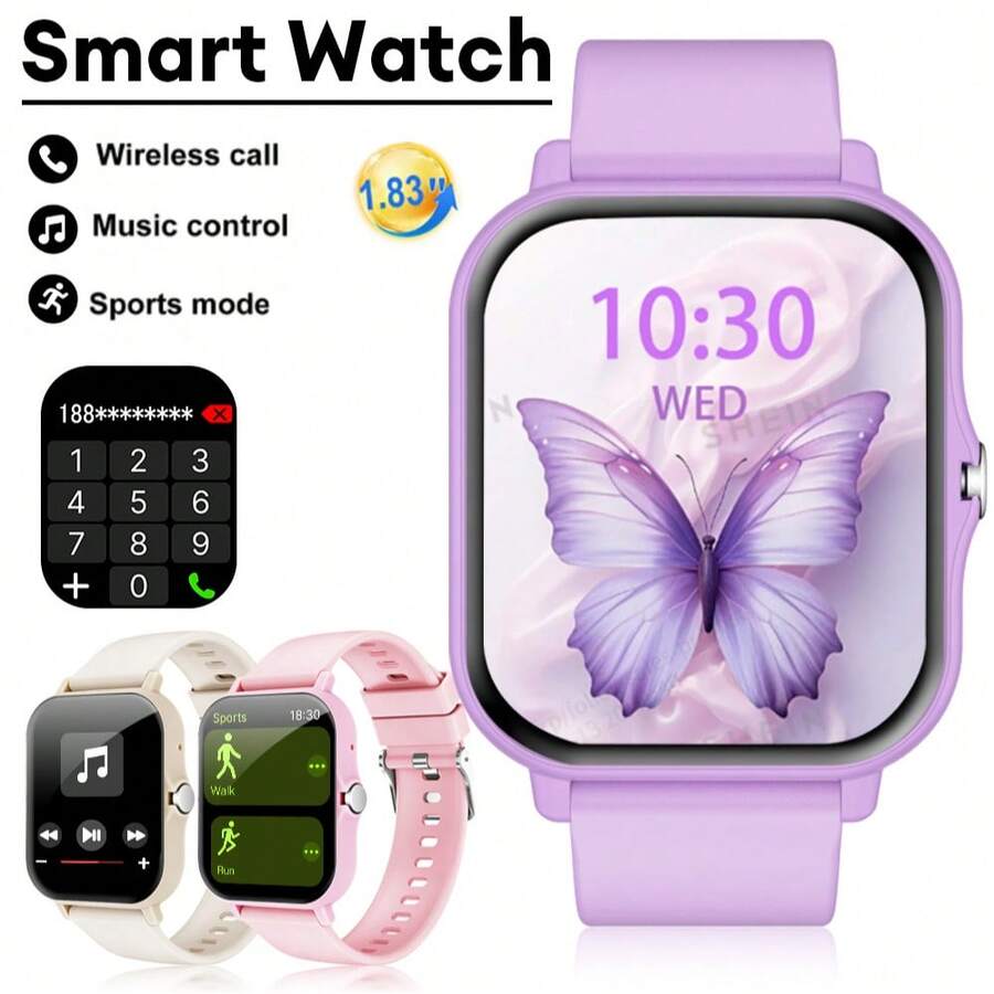 Latest 1.83inch Full Screen Touch Screen Fashion Lightweight Design Outdoor Sports Smartwatch, Suitable For Men And Women, Exquisite Silicone Strap, Plastic Shell, Supports Wireless Calling, Message Notification, Fitness Tracking, Pedometer, Wireless Music, Multiple Sports Modes, Weather Forecast, Compatible With Apple And Android System Phones. Perfect Valentine's Day, Christmas, Birthday Gift,