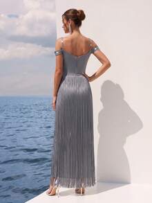 FEELAIR New Cold Shoulder Spaghetti Strap Heavy Rhinestone Tassel Long Dress, Grey Slim Fit Evening Gown, Suitable For Party, Banquet And Formal Occasions - Gray Blue - View 7