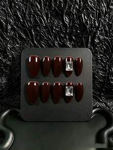 10pcs Handmade Press-On Nails, Pointed Almond Shape, Autumn/Winter Christmas Style. Deep Burgundy Solid Color Nail Surface With Rectangular Large Rhinestone Decor, Minimalist Elegant Style, Suitable For Christmas, Comes With Full Set Of Manicure Tools, Perfect For Women's Personal Use Or Gift - Brown - View 2