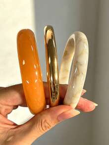 3pcs/Multi-Piece Stackable Fashion Minimalist Elegant Exquisite Vintage Design White & Orange Resin Geometric Asymmetrical Marbled Pattern CCB Metal Style Round Bangles Set, Holiday Vacation Party Date Gift, Daily Commute Wear, Personalized - Multicolor - View 2