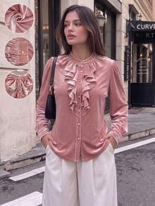 Elegant Ruffle Velvet Blouse Plus Size Women's Autumn Pleated Lantern Sleeve Top - Pink - View 1