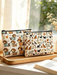 Cute Cat & Dog Print Cosmetic Bag / Toiletry Bag / Organizer - Machine-Washable Pouch Featuring Adorable Animal Patterns And A Minimalist Style; Perfect For The Gym Or Daily Use, And An Ideal Gift For The Holidays. - Multicolor - View 1
