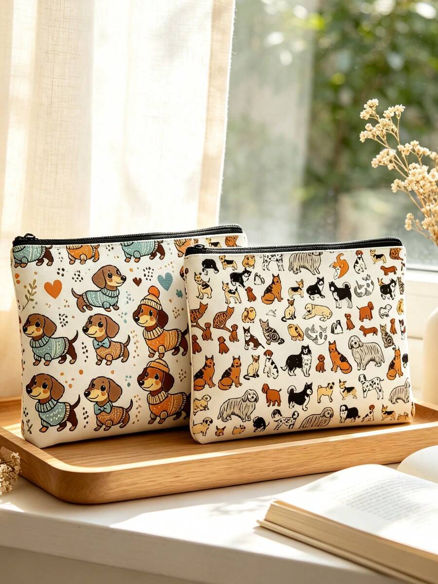 Cute Cat & Dog Print Cosmetic Bag / Toiletry Bag / Organizer - Machine-Washable Pouch Featuring Adorable Animal Patterns And A Minimalist Style; Perfect For The Gym Or Daily Use, And An Ideal Gift For The Holidays. - Multicolor - View 1