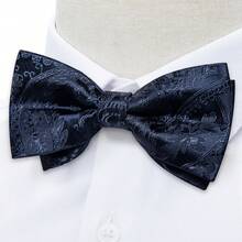 Men's Business Banquet Pre-Tied Bow Tie 4-Piece Set, Navy Paisley Textured Pocket Square, Cufflinks, Lapel Pin, Suit Accessories - Navy Blue - View 3