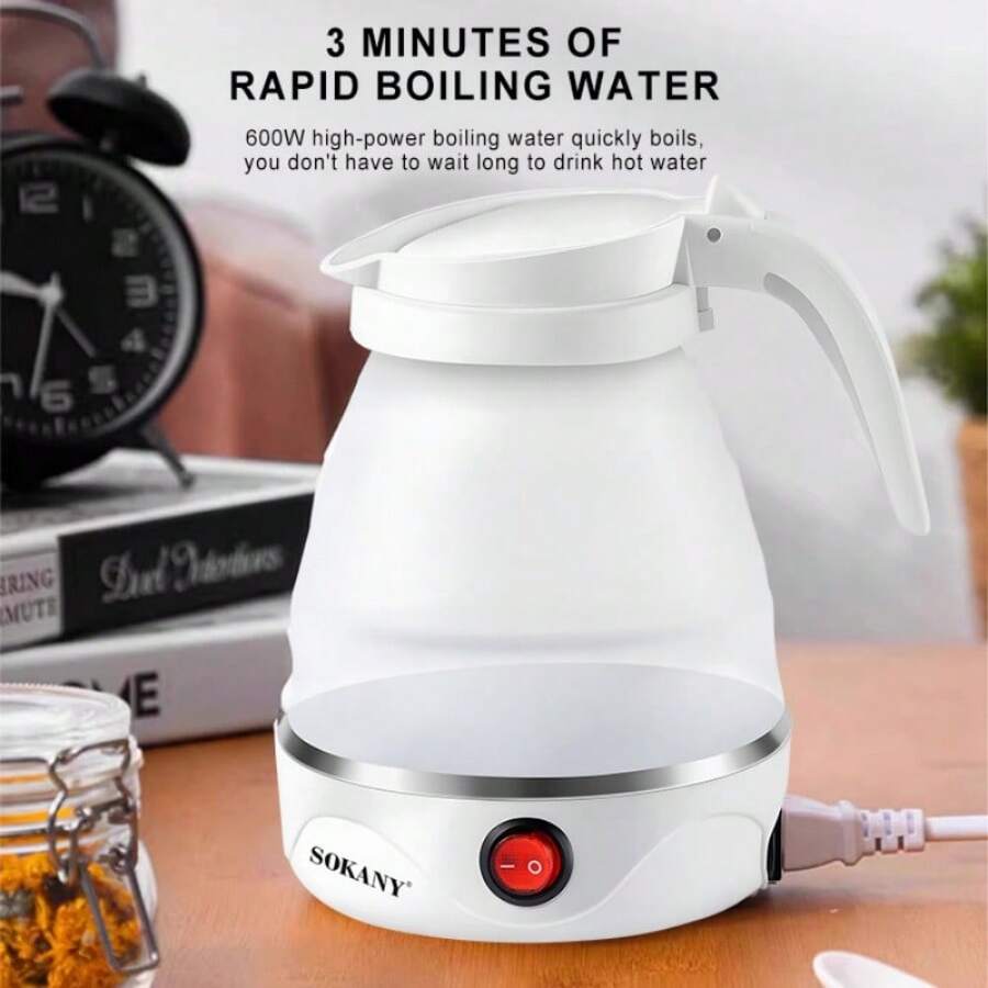 SOKANY09089 Teko Lipat untuk Perjalanan, Kapasitas 600ml, Pemanasan Cepat 600W, Bodi Stainless Steel 304, Bahan Silikon, Dapat Diperluas dan Dilipat dengan Bebas, Sempurna untuk Perjalanan, Perjalanan Bisnis, dan Penggunaan di Asrama - Putih - View 1