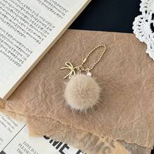 Gentle Style Bow Pearl Mink Fur Ball Bag Charm, Fine Chain Plush Ball Keychain Pendant, Sweet Girl Bag Decoration, Best Friend Birthday Holiday Small Gift - Multicolor - View 6