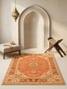 1PC Orange & Beige Classical Floral Area Rug, Middle Eastern Vintage Style Faux Cashmere Rectangular Symmetrical Totem, Machine Washable For Living Room Bedroom Daily Home Decor, Aesthetic Home Decoration - Multicolor - View 4