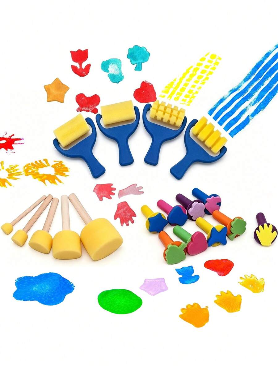 25pcs Paint Sponge Brush Set, Sponge Pattern Brush Tools, Multiple Shapes Available, Foam Stamps And Roller Stamping Rods, Suitable For DIY, Classroom And Home Handicraft Projects, Washable And Reusable, Sponge Painting Stamps - Combo Set - View 1