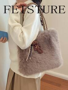 FEISTURE 1pc, New Autumn/Winter Plush Handbag, Fuzzy Tote Shoulder Bag With Pendant, Suitable For Girls, Women, College Students, New Professionals And Office Workers, Perfect For Work, Business, Commuting, School - Coffee - View 4