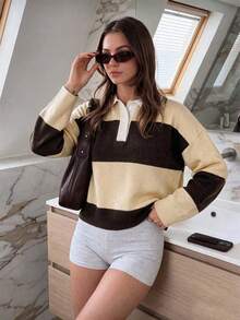 Spring/Autumn Multi-Color Contrast Collar Long Sleeve Half-Button Cardigan Sweater - Light Apricot and Brown - View 5