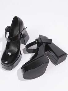Women's Black Square Toe Mary Jane Pumps With Thick Sole And Chunky High Heel, Buckle Strap, Suitable For Graduation, Prom, Party, Concert - Black - View 3