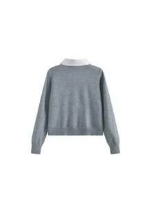 Grey Lace Trim Patchwork Polo Collar Top Women's College Style 2 In 1 Knit Cardigan - Grey - View 3