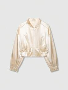 Women's Solid Color Long Sleeve Silk-Texture Bomber Jacket - Beige - View 1