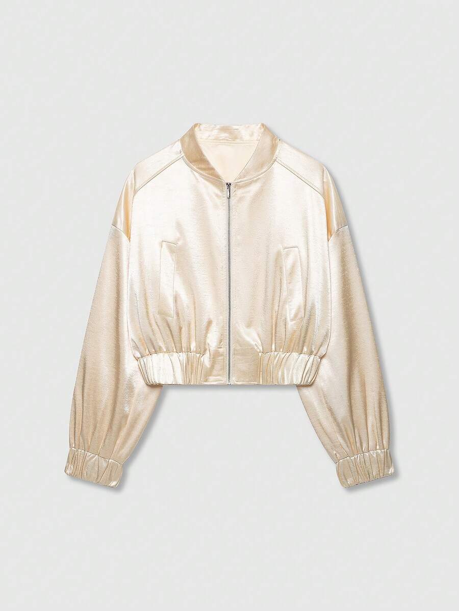 Women's Solid Color Long Sleeve Silk-Texture Bomber Jacket - Beige - View 1