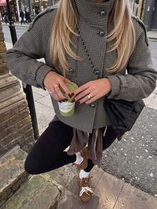 Women's Fashion Houndstooth Double-Breasted Coat, Funnel Neck Long Sleeve Design, Perfect Choice For Autumn/Winter - Coffee - View 3