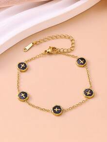 Vintage Enamel Round Disc Bracelet, 18K Gold Plated Stainless Steel, Classic Logo Chain Jewelry For Women - Cross Bracelet - View 6