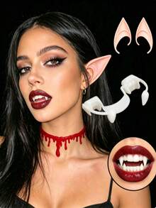 3pcs Halloween Vampire Cosplay Accessories Costume Set, Elf Ears, Blood Drip Collar, Vampire Fangs, Gothic Style Makeup Party Costume Props - Multicolor - View 1